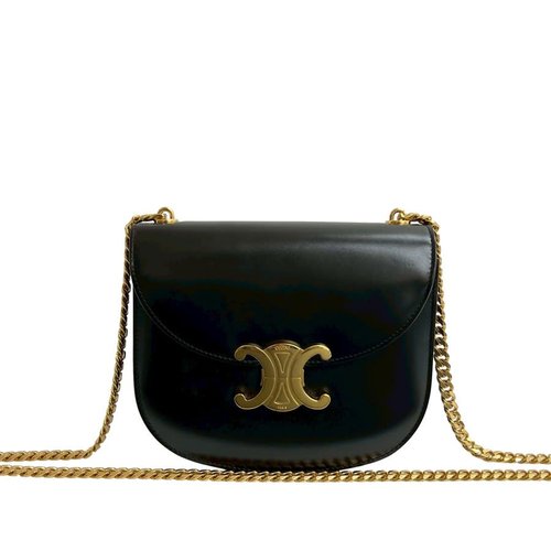 Pre-owned CELINE Teen Shiny Calfskin Triomphe Besace Clea Chain Crossbody S-CU-6262 - Black - S-CU-6262 X