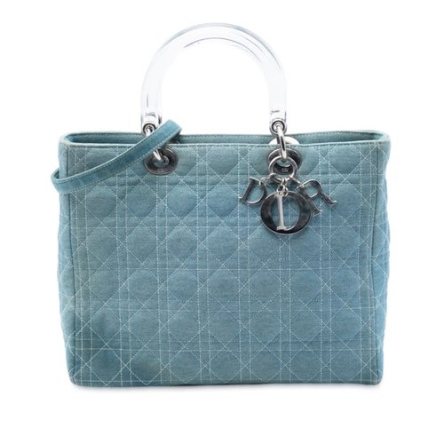 Pre-owned Dior Large Denim Cannage Acrylic Handles Lady Dior MA-1010 - Blue - MA-1010X
