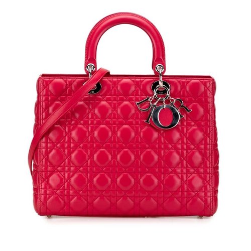 Pre-owned Dior Large Lambskin Cannage Lady Dior 11-MA-0172 - Red - 11-MA-0172X
