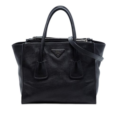 Pre-owned Prada Glace Calf Twin Pocket Double Handle Satchel Ladies QC12P423AV2KQIKG - Black - QC12P423AV2KQIKGX