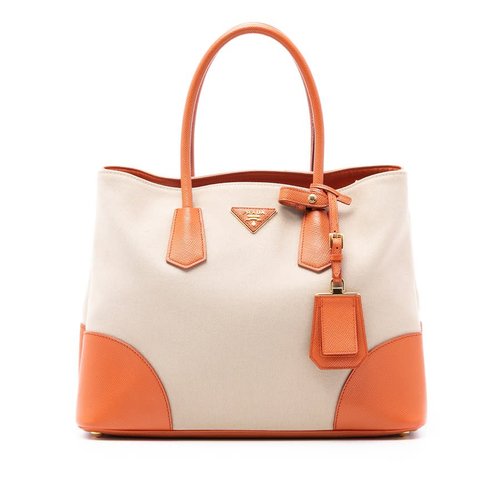 Pre-owned Prada Large Saffiano Trimmed Canapa Double Satchel Ladies QYNUYID19PEJ07IQ - Brown - QYNUYID19PEJ07IQX