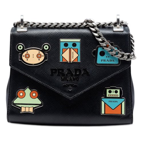 Pre-owned Prada Saffiano Cuir Monochrome Robot Patches Envelope Chain Flap Ladies VOYF8G5JTON3CT5J - Black - VOYF8G5JTON3CT5JX