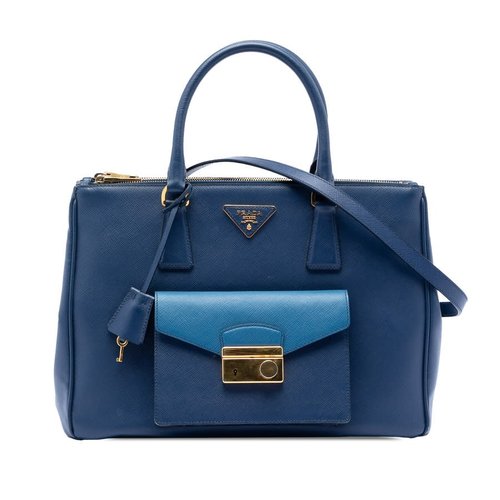 Pre-owned Prada Saffiano Lux Galleria Double Zip Front Pocket Satchel Ladies IJK3TNHRCTOP20QP - Blue - IJK3TNHRCTOP20QPX