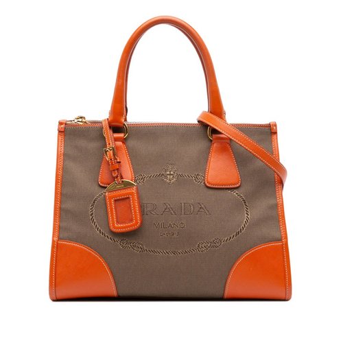 Pre-owned Prada Saffiano Trimmed Canvas Canapa Logo Double Zip Satchel Ladies 3MHFDH0TCWZJIQ85 - Brown - 3MHFDH0TCWZJIQ85X