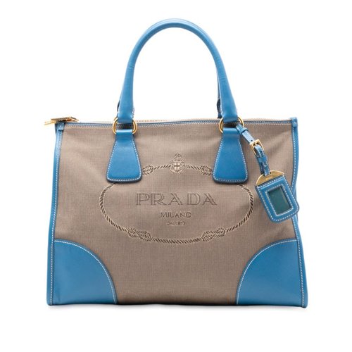 Pre-owned Prada Saffiano Trimmed Canvas Canapa Logo Double Zip Satchel Ladies TOV0JXYDD1PHQ7IX - Blue - TOV0JXYDD1PHQ7IXX
