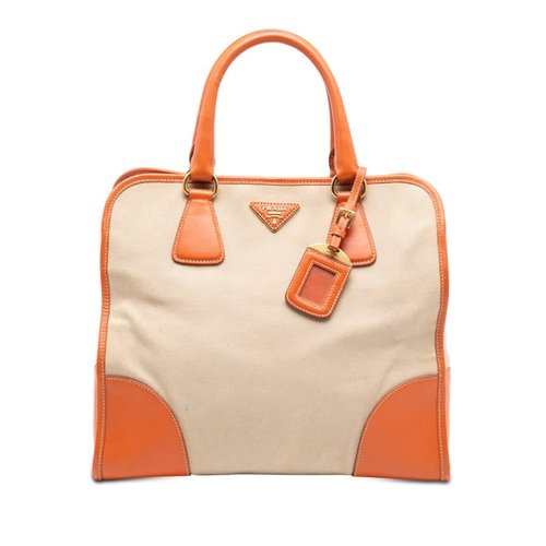 Pre-owned Prada Saffiano Trimmed Canvas Canapa Satchel Ladies DZWQI5D1SXRN4FCH - Brown - DZWQI5D1SXRN4FCHX