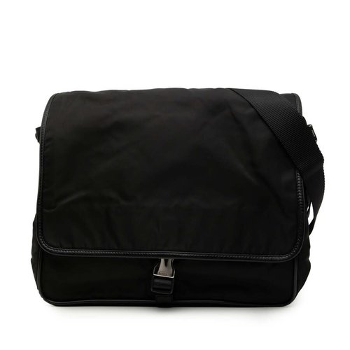 Pre-owned Prada Saffiano Trimmed Tessuto Buckle Messenger Bag 6599WH4K0CF50EAE - Black - 6599WH4K0CF50EAEX