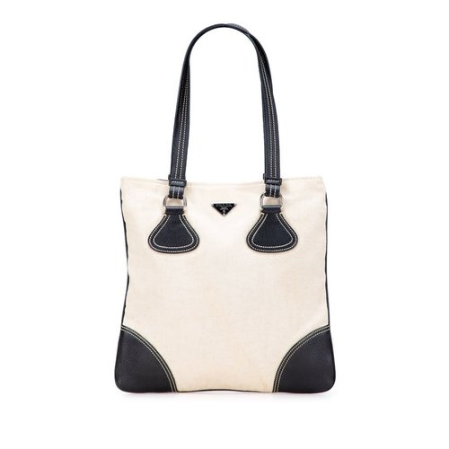 Pre-owned Prada Vitello Trimmed Canvas Canapa Tote Ladies EXDB2VGQI1KGUUUT - Black - EXDB2VGQI1KGUUUTX