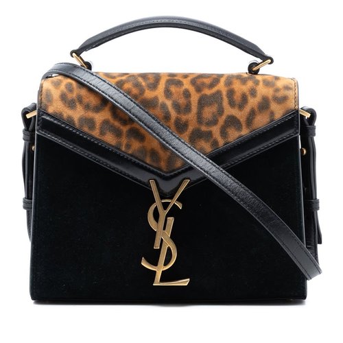 Pre-owned Saint Laurent Mini Suede Leopard Print Monogram Cassandra Top Handle Bag 28A6N7UA3OGDLAFV - Black - 28A6N7UA3OGDLAFVX