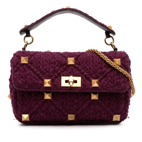 Pre-owned Valentino Large Knit Roman Stud Satchel FHQWE5QYFW4YE668 - Gold Tone/Purple - FHQWE5QYFW4YE668X