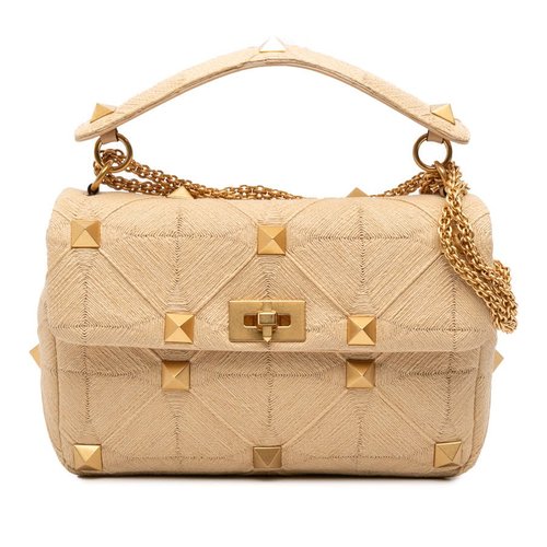 Pre-owned Valentino Large Raffia Roman Stud Satchel IV3V8YWOL6SCB0Q8 - Brown/Gold Tone - IV3V8YWOL6SCB0Q8X