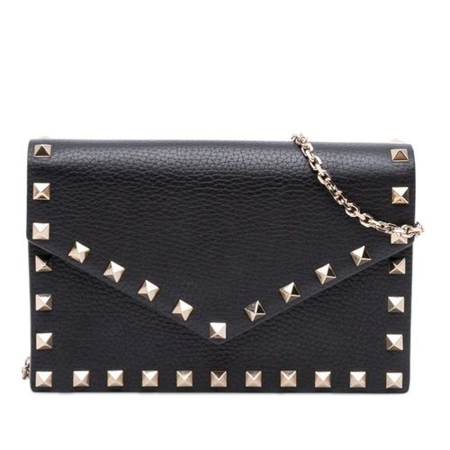 Pre-owned Valentino Pebbled Calfskin Rockstud Envelope Wallet on Chain 9TOZ5PZZGQEI4NOU - Black - 9TOZ5PZZGQEI4NOUX