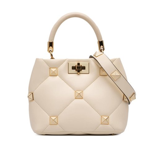 Pre-owned Valentino Small Nappa Roman Stud The Handle Bag Ladies W55P6E1L9DB9DV9W - White - W55P6E1L9DB9DV9WX