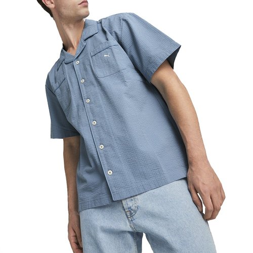 PUMA Made With Quality Seersucker Collared Short Sleeve Button Up Shirt - Blue - 624016-20