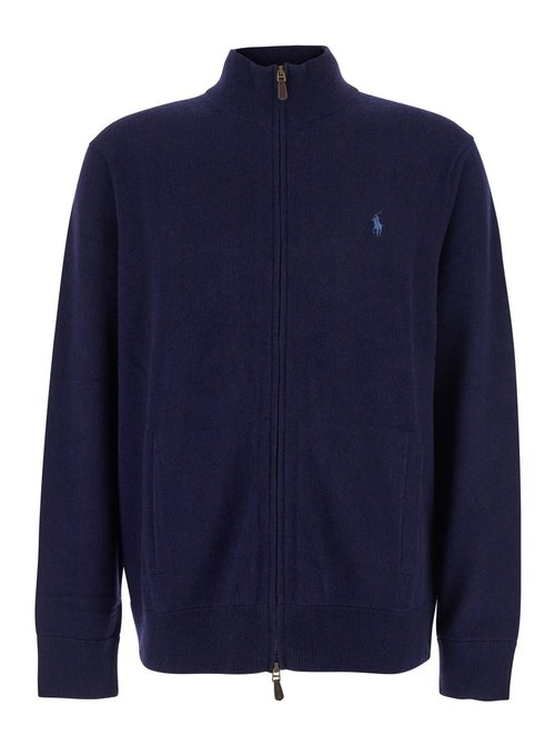 Ralph Lauren Blue Cardigan With High Neck And POny Embroidery On The FrOnt In Wool Man - 710974149001#HUNTER NAVY