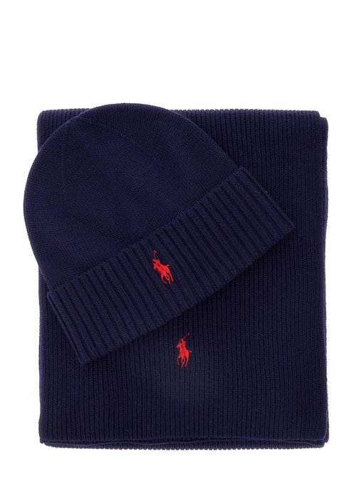 Ralph Lauren Blue Scarf And Beanie Set With POny Embroidery On The FrOnt In Wool Man - 710951146