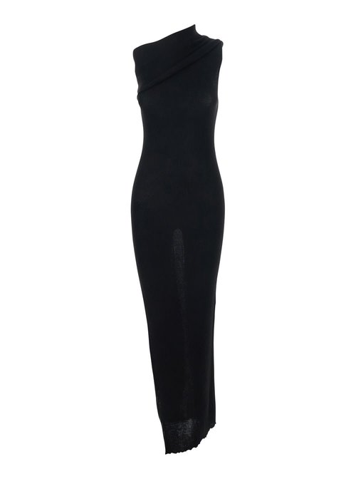Rick Owens athena Black Asymmetrical Long Dress With Wide Neck And Ribbed Design In Cotton Knit - RP01F6627-IB-09