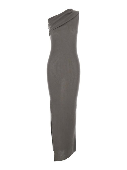 Rick Owens athena Grey Asymmetrical Long Dress With Wide Neck And Ribbed Design In Cotton Knit - RP01F6627-IB-34