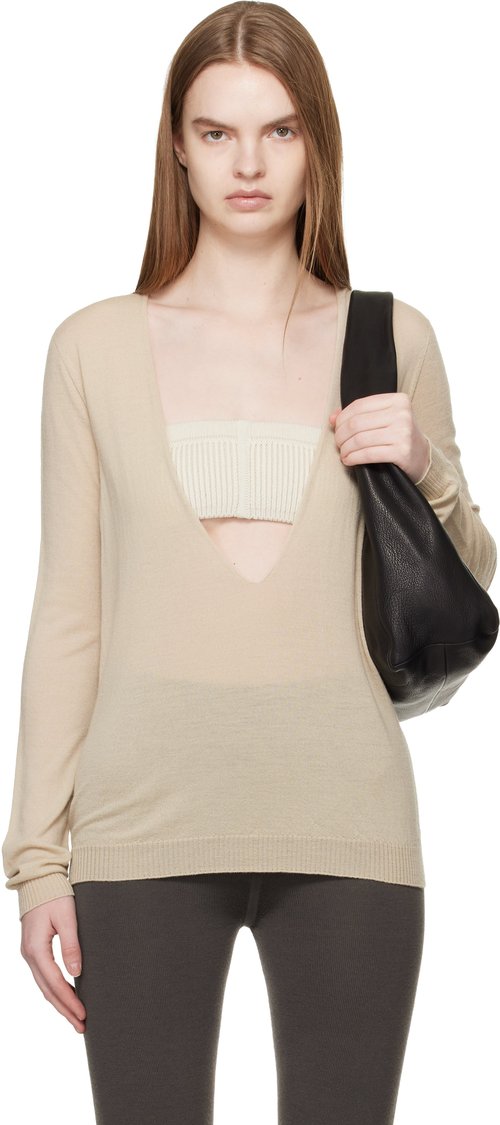 Rick Owens Beige Temple Extreme V Neck Pull Sweater - Sand - RP01F6668 M138