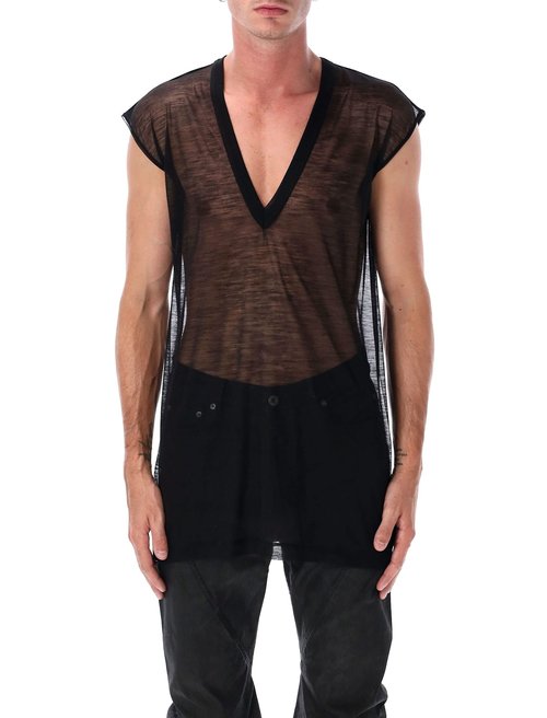 Rick Owens Black Sheer Wool Deep V Tank - RU02E1230-JWR-09