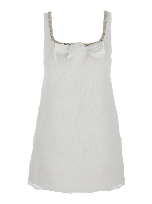 self-portrait White Mini Dress With Square Neck And Bow Detail On The FrOnt In Tech Fabric - PF25036SWWHITE