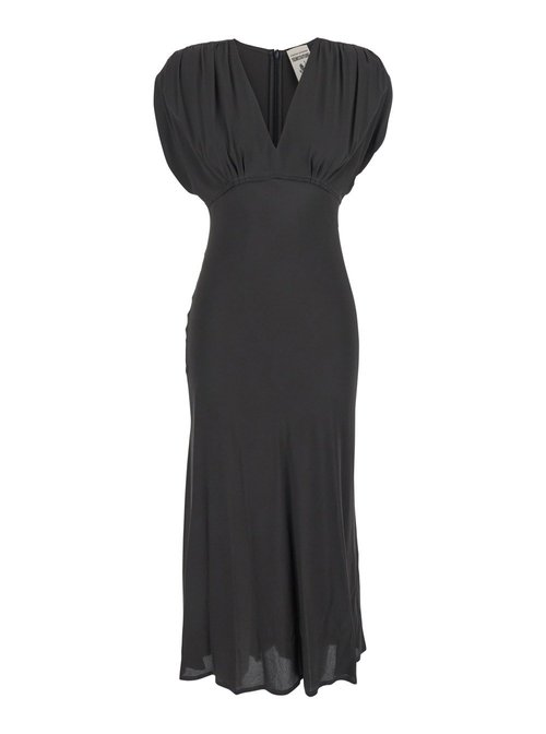 SEMICOUTURE Black LOng Dress With V-neck And Ruching On The Shoulders In Silk Blend - S5SU28Y540