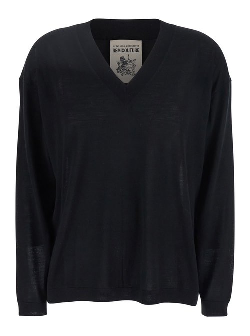 SEMICOUTURE Black Sweater With V-neck And Logo Embroidered On The Side In Virgin Wool - Y5SC56Y690