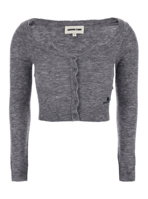 Shushu/TOng Grey Cardigan With Wide Round Neck And Logo Embroidery On The FrOnt In Wool Blend - MWDETO25FRI140GR100