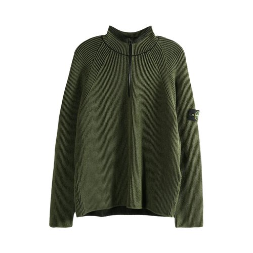 Stone Island Long-Sleeve Half Zip Ribbed Polo Shirt - Military Green - 5100024S00L7V0054