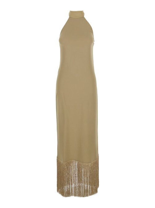Taller Marmo berlin Beige LOng Dress With High Neck And Fringes Applied On The Edges In Cady Crepe - TMPS2616810