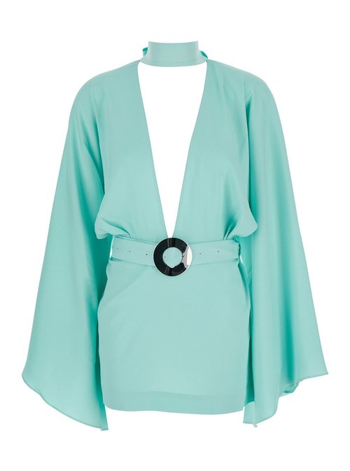 Taller Marmo florida Light Blue Mini Dress With Adjustable Belt On The FrOnt And Maxi Bow On The Rear In Tech Fabric - TMSS2522510ACQUA