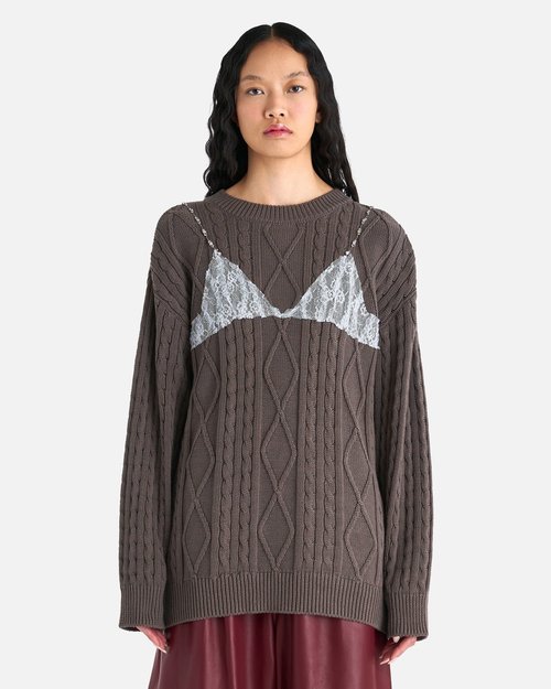 Tess Lace On Boyfriend-Fit Knit Sweater - Grey - AT.996W