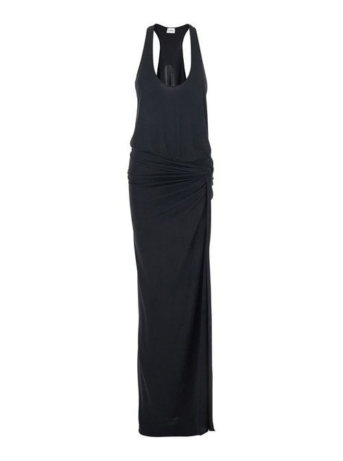 The Andamane juno Black LOng Dress With Ruched Detail On The FrOnt And Single Slit On The FrOnt In Fabric - T190147ATJP073999