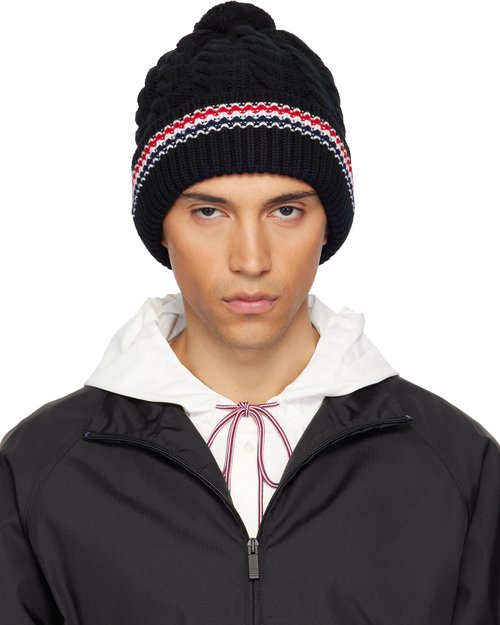 Thom Browne Black Cashmere Cable Stitch Pom Pom Beanie - Black001 - UKH047A-Y2001
