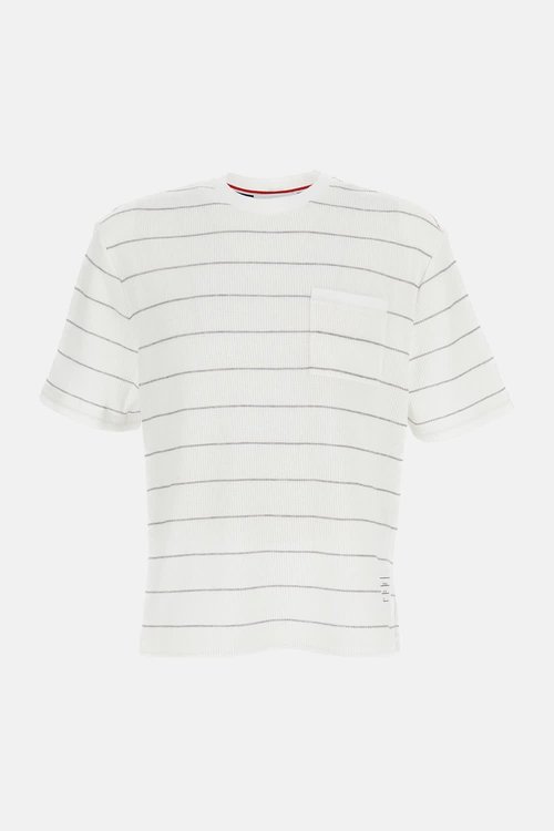Thom Browne Short Sleeve Tee In Textured Stripe Waffle - MJS305AJ0245134