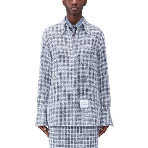Thome Ladies Check Crochet Tweed Oversized Shirt - Brown/Grey - FLL169AF0515035