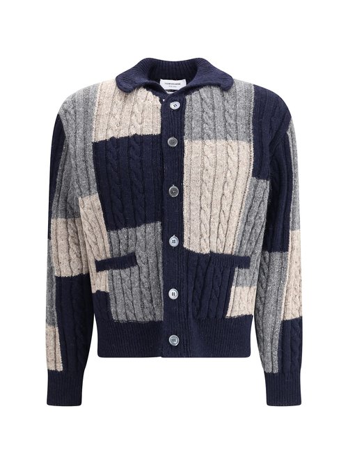 Thome Patchwork Cable Intarsia Mock Neck Cardigan - Navy/Grey/Brown - MKC605AY1032978