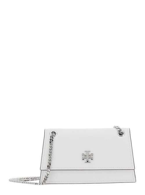Tory Burch kira Shoulder Bag With Chain Strap And Metallic Logo On The FrOnt In Leather - Silver Tone/White - 176642100