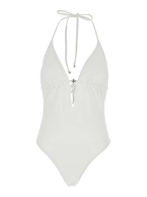 Tory Burch White One-piece Swimsuit With Knot Closure And Plaque Logo On The FrOnt In Tech Fabric - 178581100