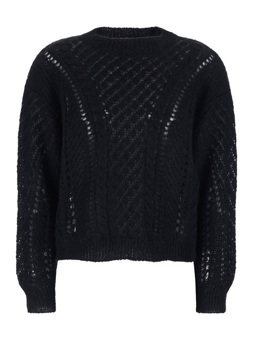 TwinSet Black Crewneck Sweater With Logo Plaque On The Rear And Perforated Design In Wool - 252TT320100006