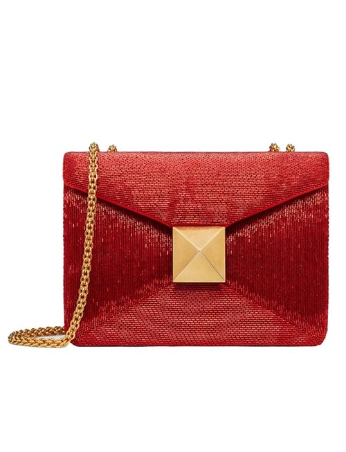 Valentino Beaded Leather One Stud Shoulder Bag - Red