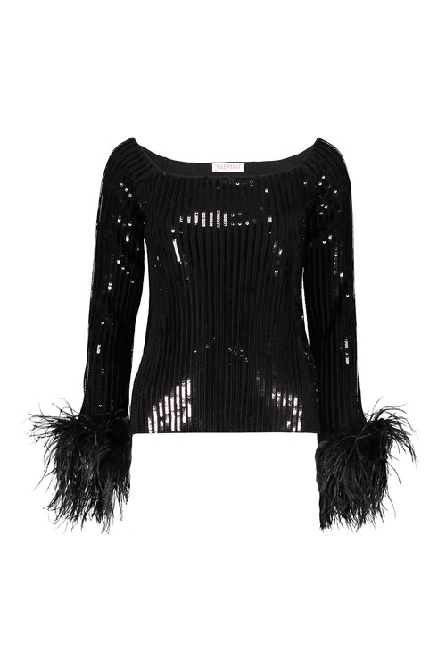 Valentino Garavani Elegant Black Top With Long Sleeves And Feathers - 1B3KC36R79A0NO