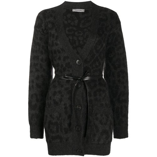 Valentino Garavani Leopard Pattern Belted V-Neck Cardigan - Grey - UB0KA01L600L80