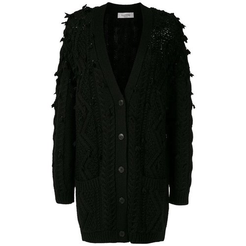 Valentino Garavani Oversized Tassel-Trim Cable-Knit Cardigan - Black - SB3KA00I4RC0NO