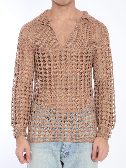 Valentino Multicolor Cotton & Mouline Linen Sweater - Ah2Ocra Mouline' - 6V0KC34AAUTAH2