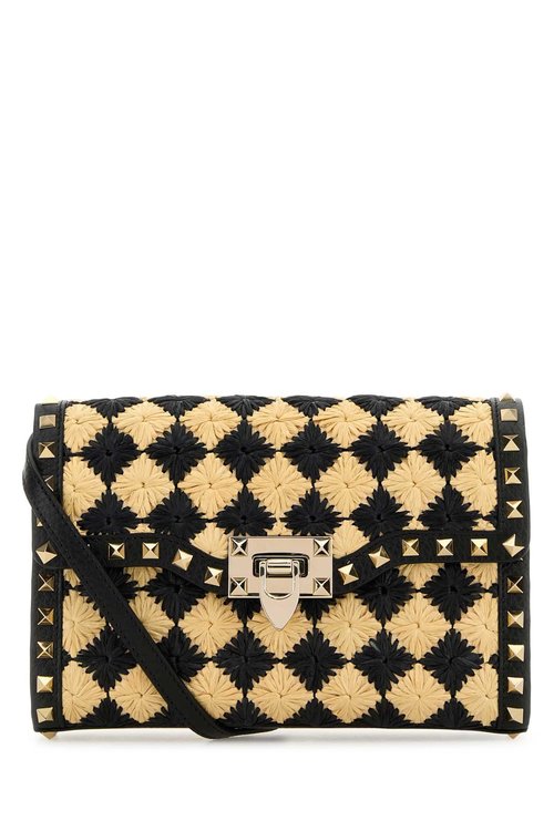Valentino Garavani Two-tone Raffia Rockstud Crossbody Bag - Black/Two Tone - 6W2B0R43FFSEX9