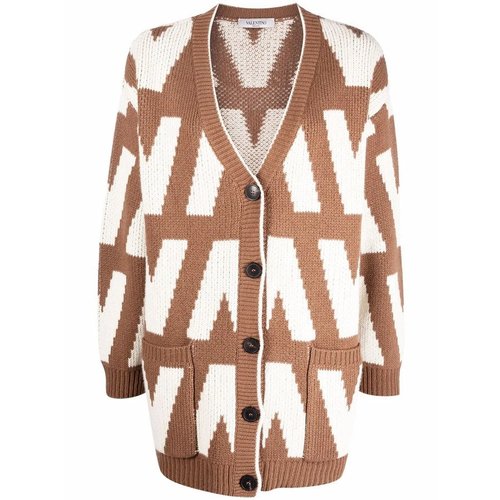 Valentino LogoIntarsia Virgin Wool Cardigan - Brown - WB3KA02N6MCCA5