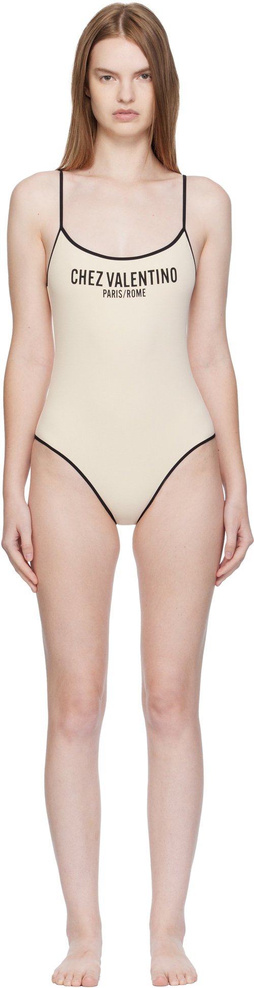 Valentino Off-White Lycra Piqué Swimsuit - R8E Betulla/Nero - 7B3UH00Y9MR