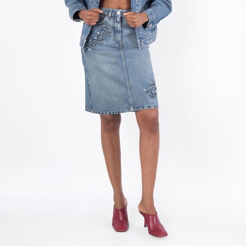 Versace Barocco A-Line Midi Denim Skirt - Blue - 1019591-1A14195-MEDIUM BLUE