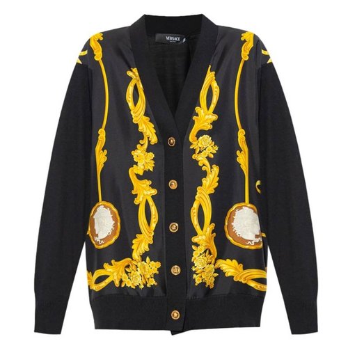 Versace Baroque Printed V-Neck Cardigan - Black/Gold Tone - 1016172-1A14431-BLACK+GOLD
